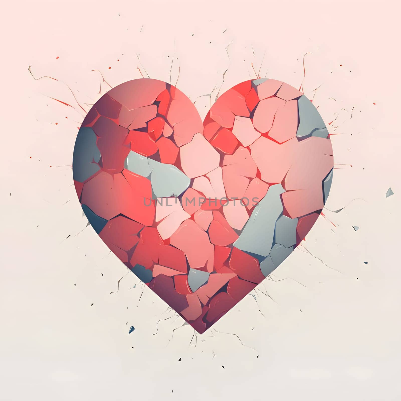 Cracked big red, orange and blue heart, white background. Heart as a symbol of affection and love. The time of falling in love and love.