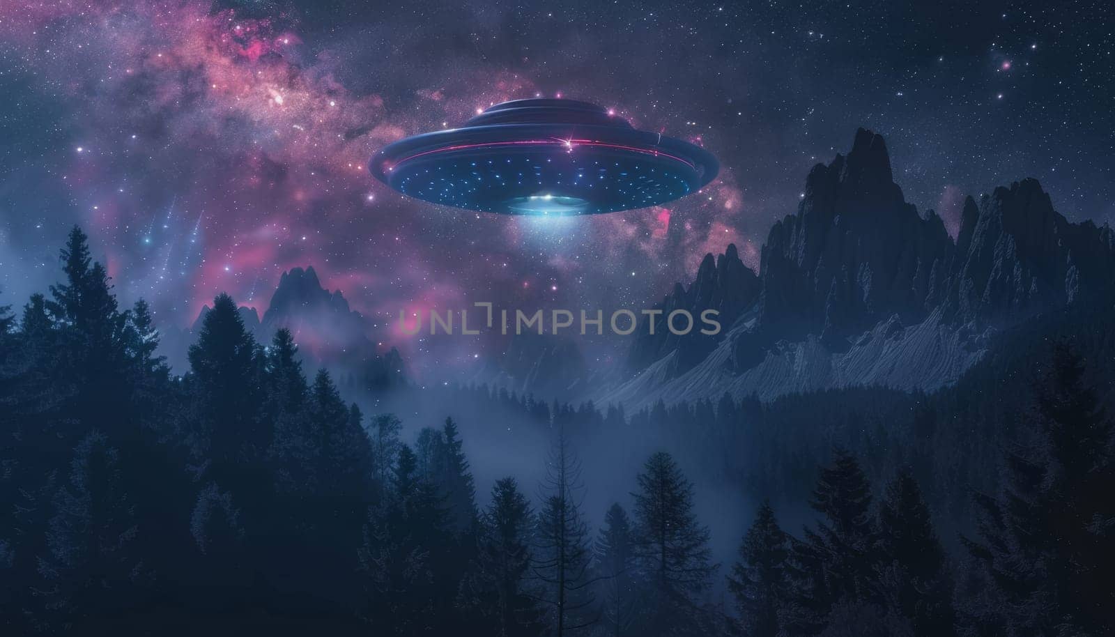 A group of alien spaceships are flying through a forest at night by AI generated image.