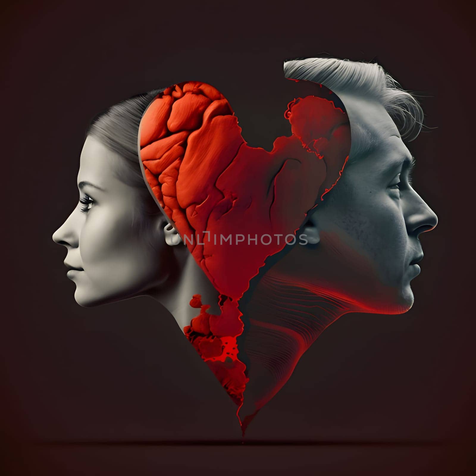 Illustration, Head of Woman and man back to back joined by red heart, Black background. Heart as a symbol of affection and love. The time of falling in love and love.