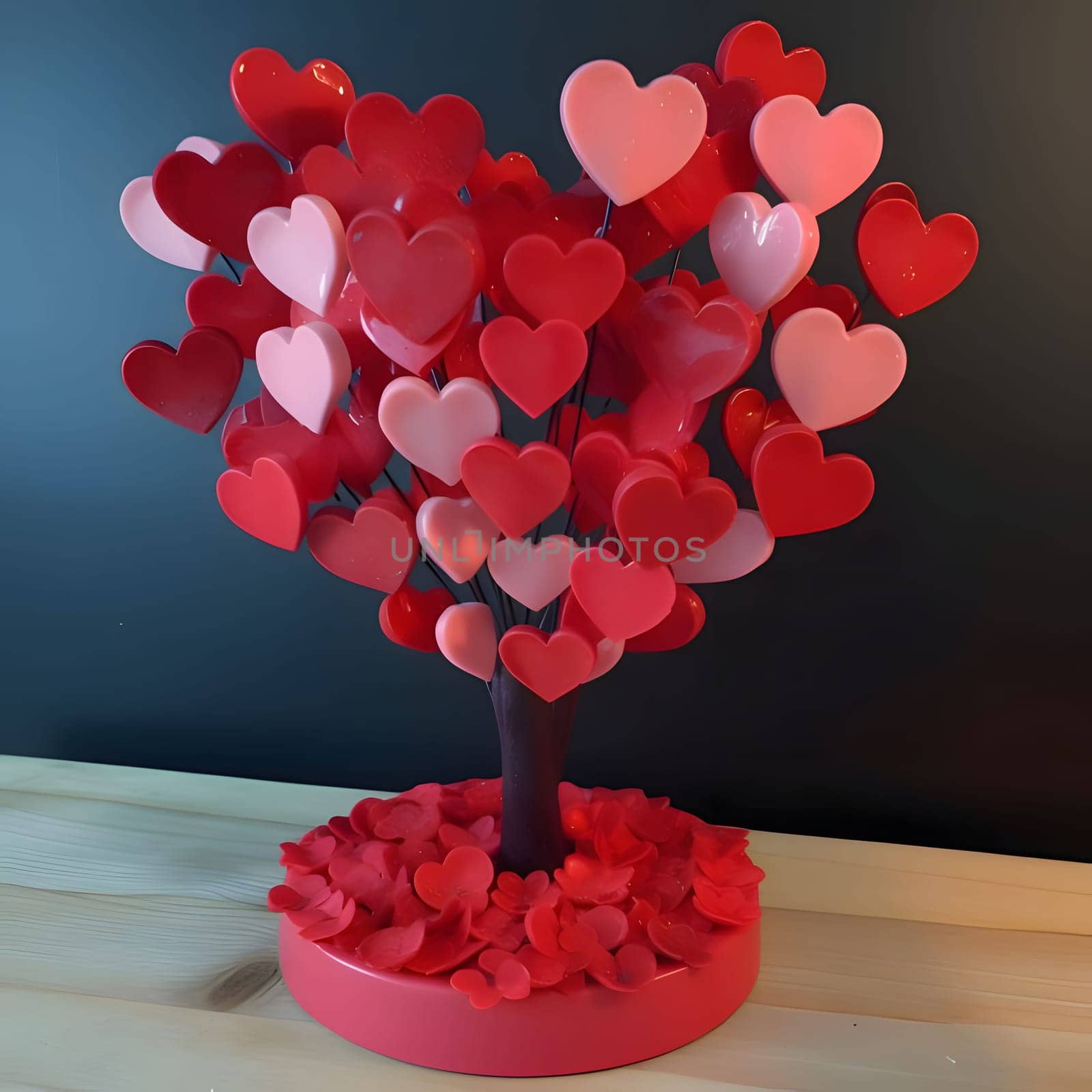 Home small tree with hearts as leaves wooden table top. Heart as a symbol of affection and love. The time of falling in love and love.