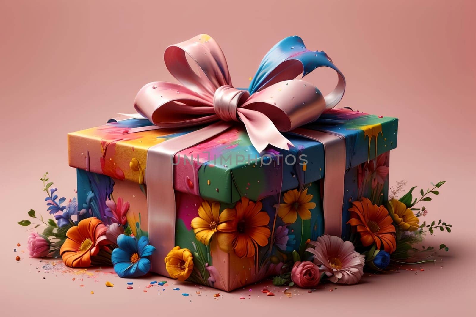 gift box with ribbon decorated with flowers .