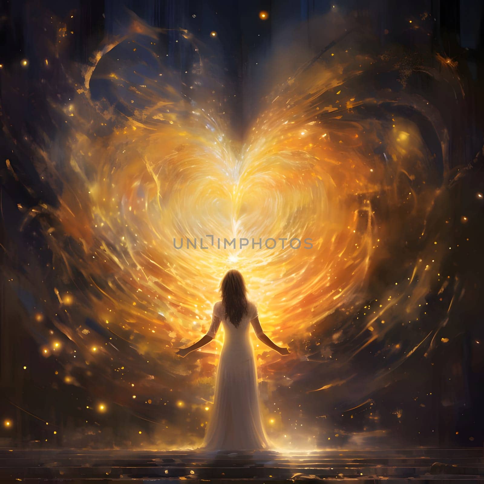 Silhouette of a Woman standing in front of a large heart made of dust, fire, particles, light. Heart as a symbol of affection and love. The time of falling in love and love.