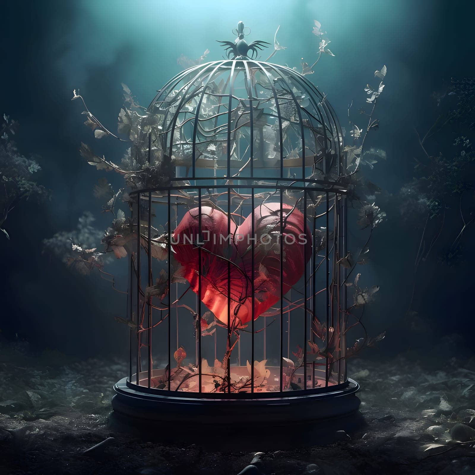 A red heart enclosed in a birdcage. Heart as a symbol of affection and love. The time of falling in love and love.