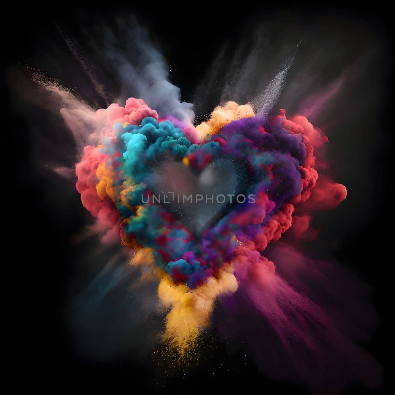 Colorful rainbow heart made of Holi dust. Black background. Heart as a symbol of affection and love. The time of falling in love and love.