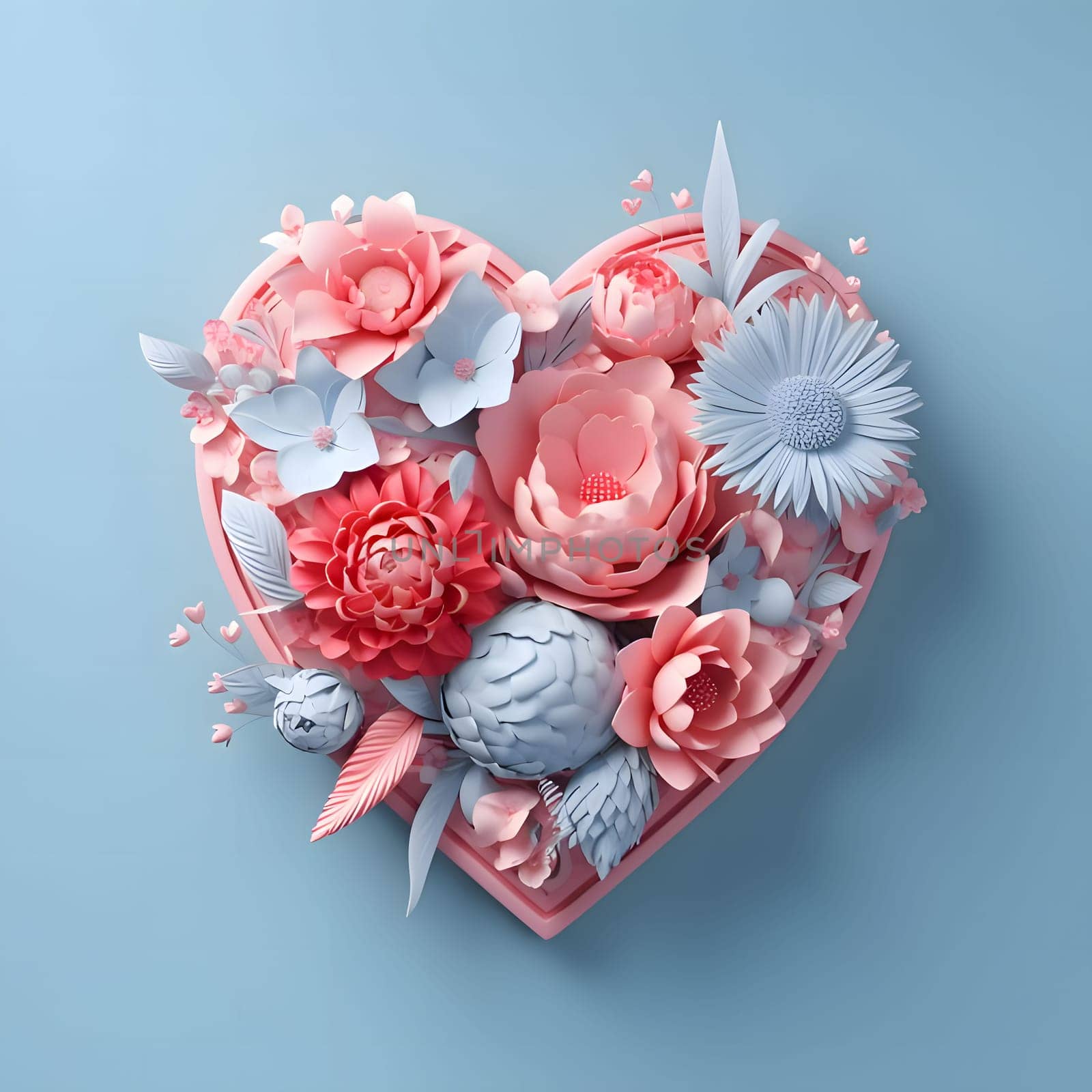 Heart of blue and pink computer flowers, blue background. Heart as a symbol of affection and love. The time of falling in love and love.