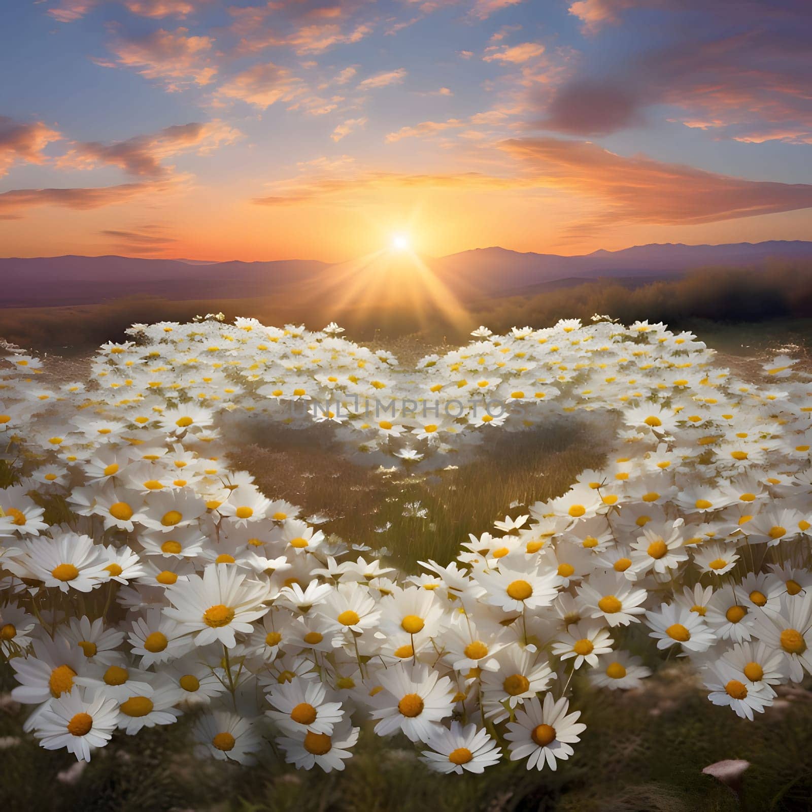 Heart made of white and yellow daisy flowers in a field at sunset. Heart as a symbol of affection and love. The time of falling in love and love.