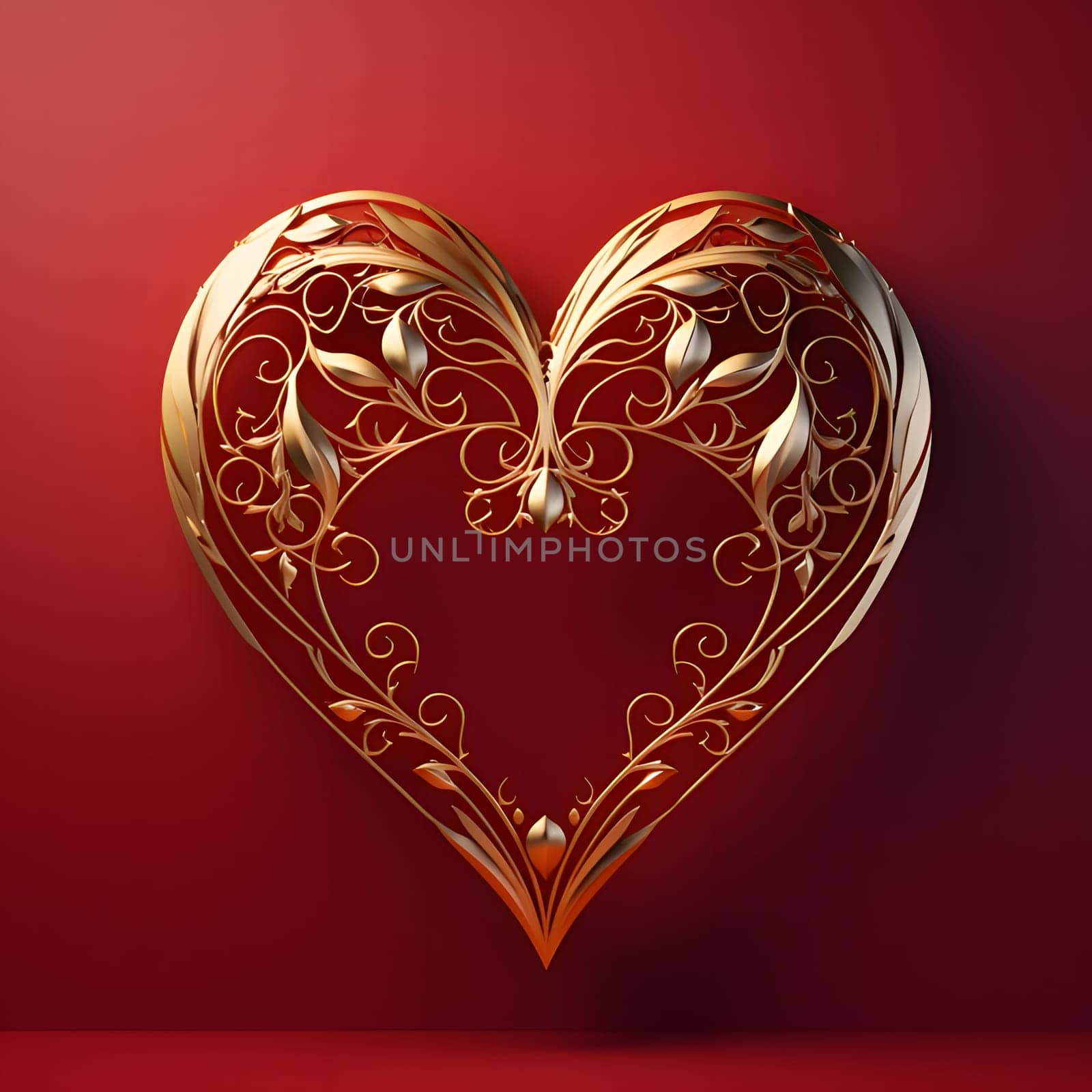 Gold heart with beautiful decorations on a red background. Heart as a symbol of affection and love. The time of falling in love and love.