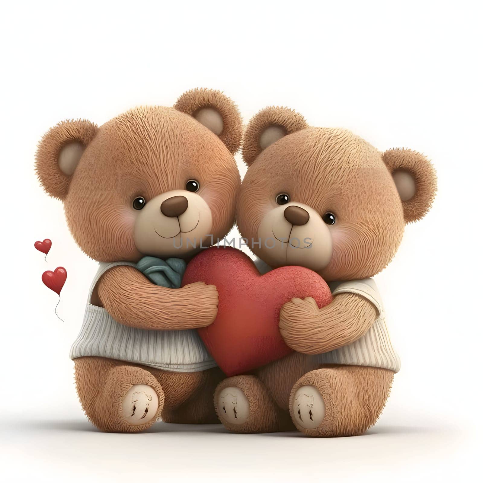 Two Plush Teddy Bears Holding a Heart, isolated white background. Heart as a symbol of affection and love. The time of falling in love and love.