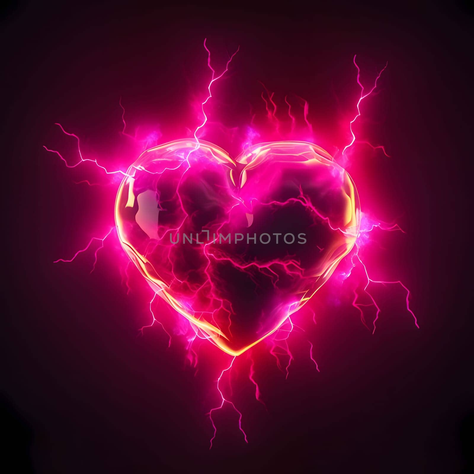 Red and pink heart with lightning bolts on a dark background. Heart as a symbol of affection and love. The time of falling in love and love.