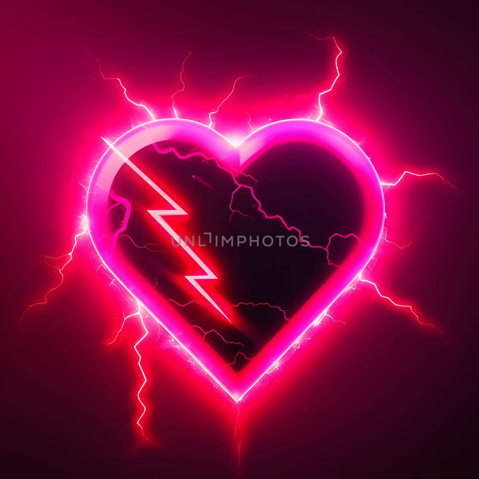 Red and pink heart with lightning bolts on a dark background. Heart as a symbol of affection and love. The time of falling in love and love.