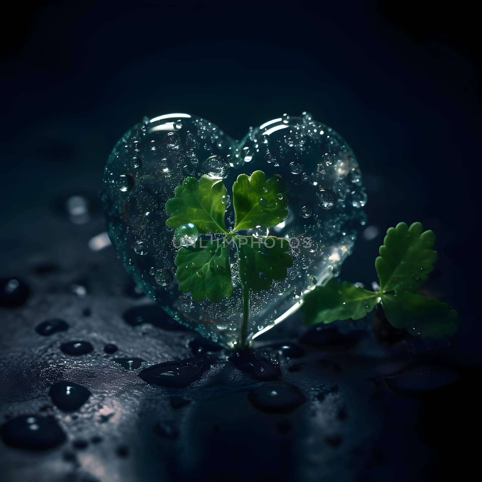 Transparent diamond heart with water in the middle four-leaf Clover. Heart as a symbol of affection and love. The time of falling in love and love.