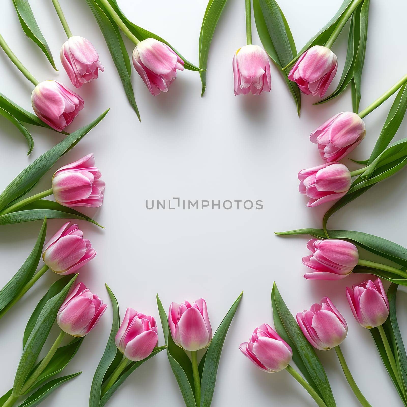 A bunch of pink tulips are arranged in a circle on a white background by itchaznong