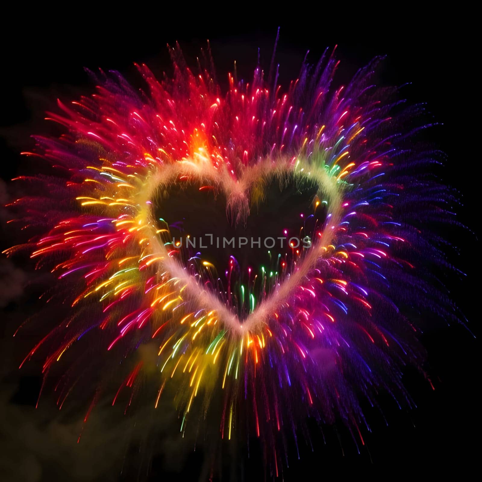 Colorful rainbow heart with bursts of colorful fireworks on a dark background. Heart as a symbol of affection and love. The time of falling in love and love.