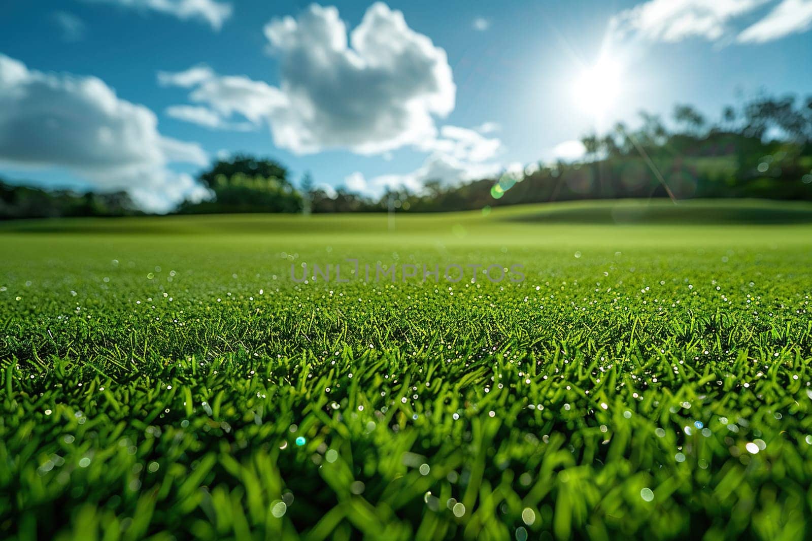 Wet grass close-up on a golf course on a sunny day. Generated by artificial intelligence by Vovmar