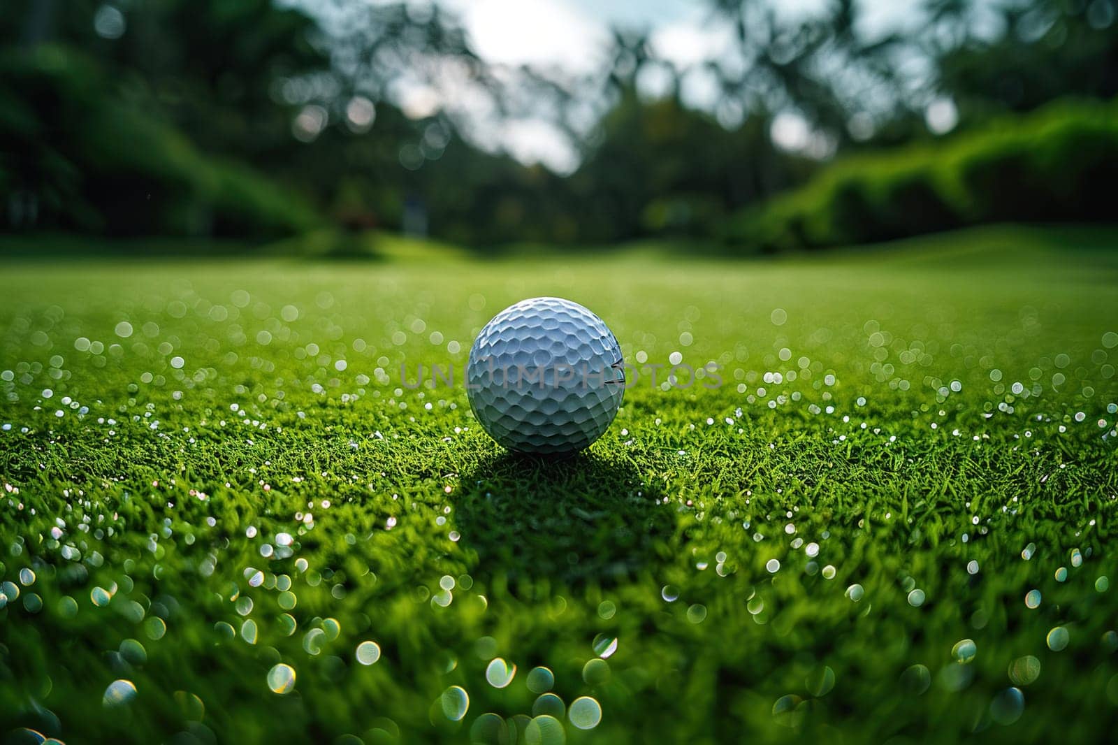 Golf ball in wet green grass on a blurred background.