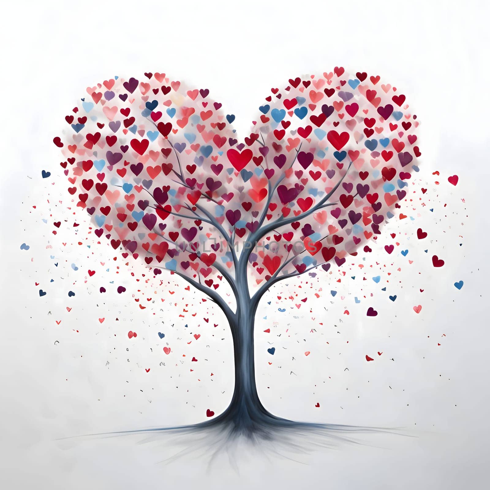 Tree with colorful hearts, white background. Heart as a symbol of affection and love. The time of falling in love and love.