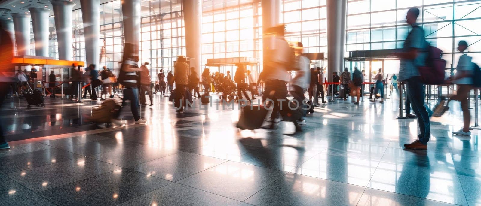 A busy airport with people walking around and carrying luggage by AI generated image.