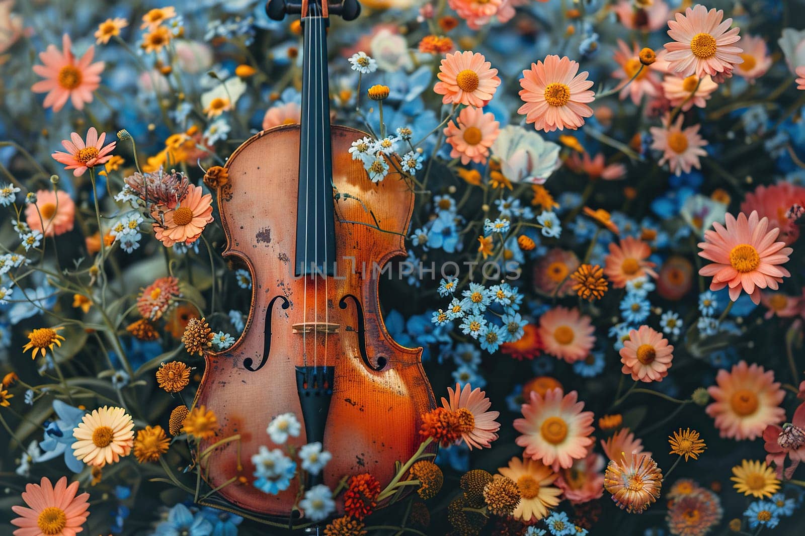 Vintage violin in a sea of flowers. Musical art beauty concept.