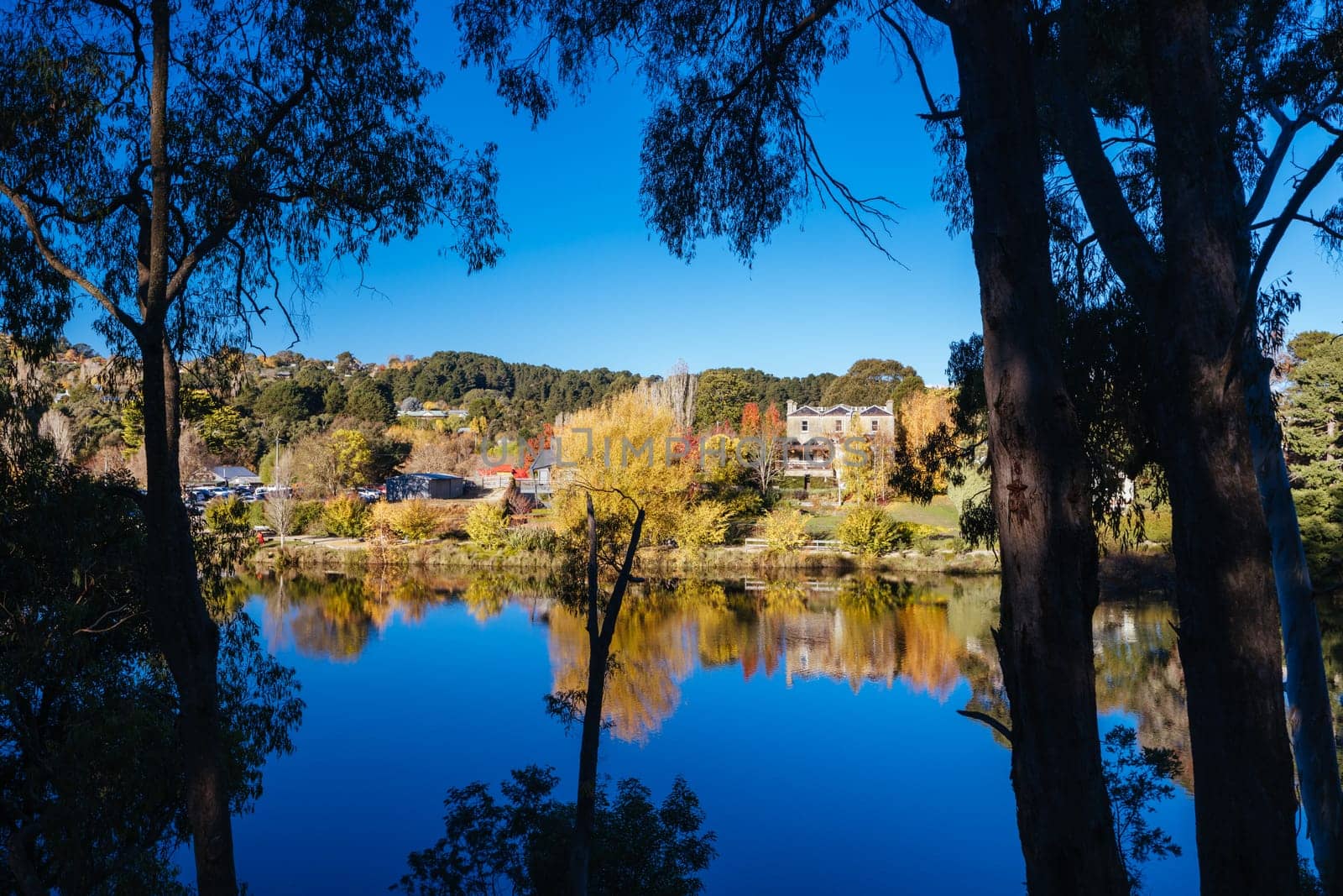 DAYLESFORD, AUSTRALIA - MAY 12 2024: Landscape around Lake Daylesford in a cool late autumn afternoon in Daylesford, Victoria, Australia