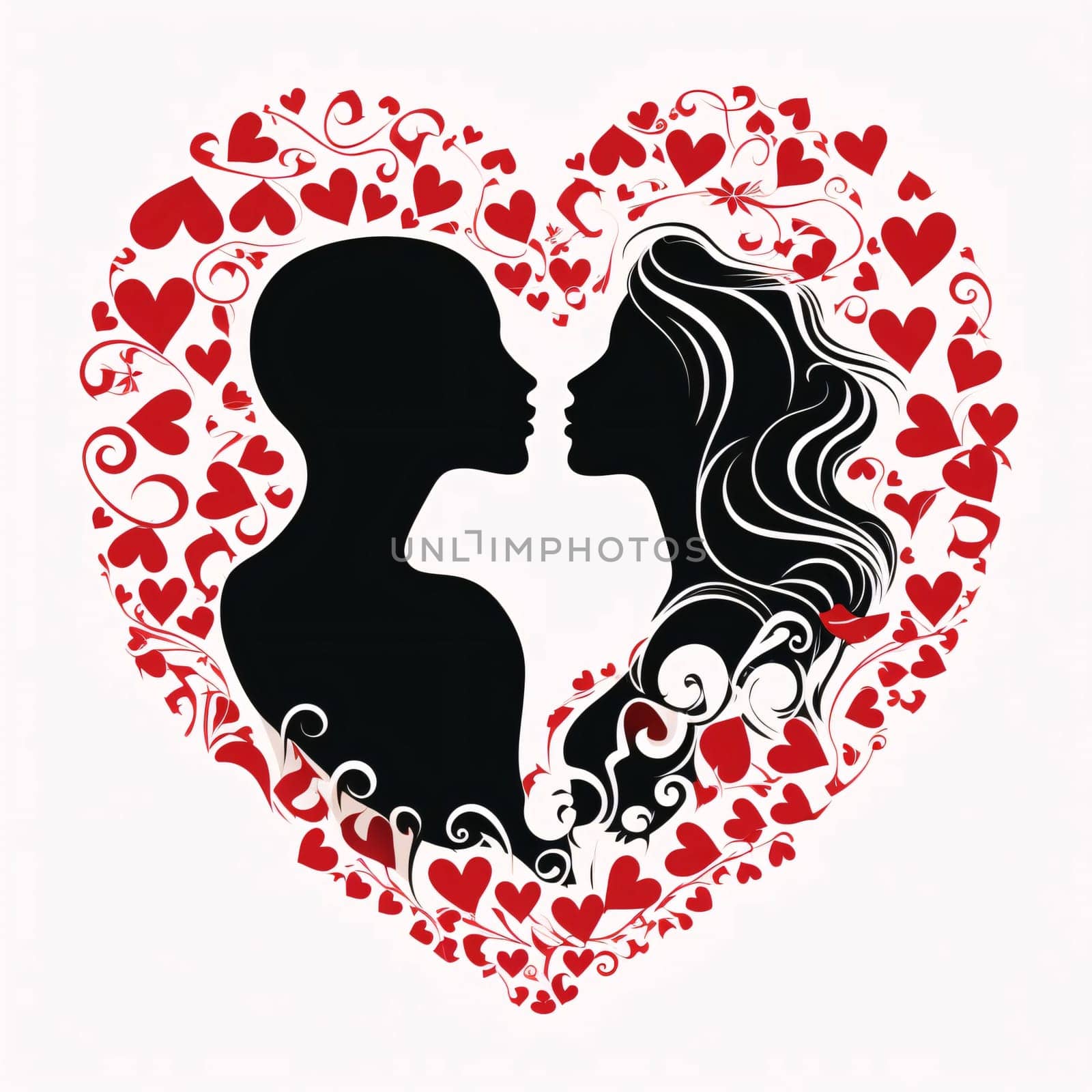 Black silhouette of a kissing couple in the middle of a large decorated red heart, white background isolated. Heart as a symbol of affection and love. The time of falling in love and love.