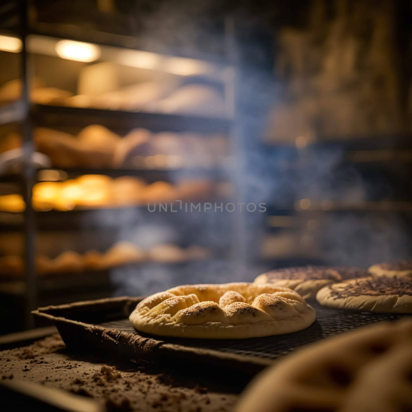 Bakery with hot fresh bread and pastry baking in the old town bakery, freshly baked products on shelves and the oven, small local business and food production idea