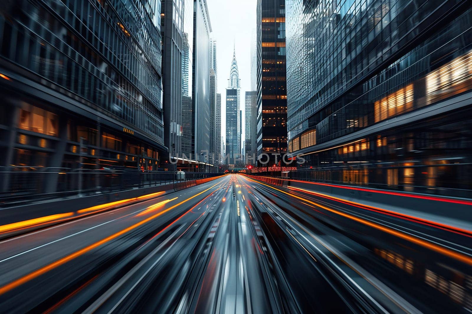 Photo in motion depicting a highway in a metropolis. Light paths against the background of skyscrapers.