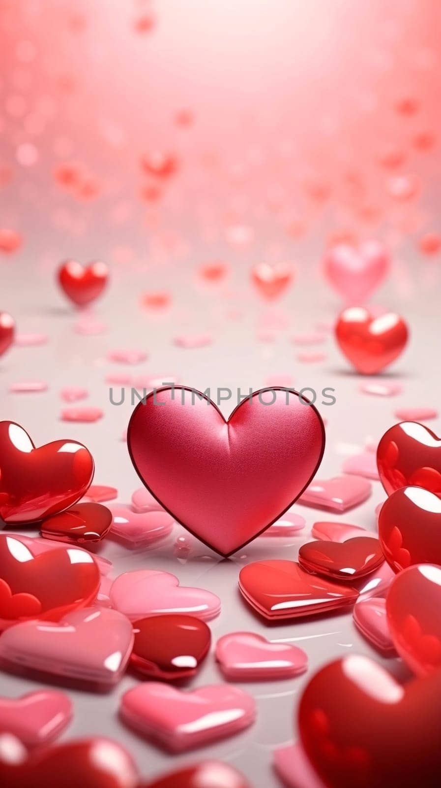 Red, pink, orange scattered hearts. Heart as a symbol of affection and love. The time of falling in love and love.