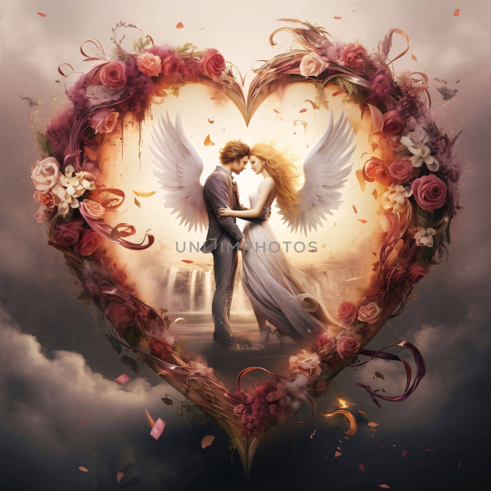 A couple in love with angel wings in a heart with a wreath of flowers. Heart as a symbol of affection and love. The time of falling in love and love.