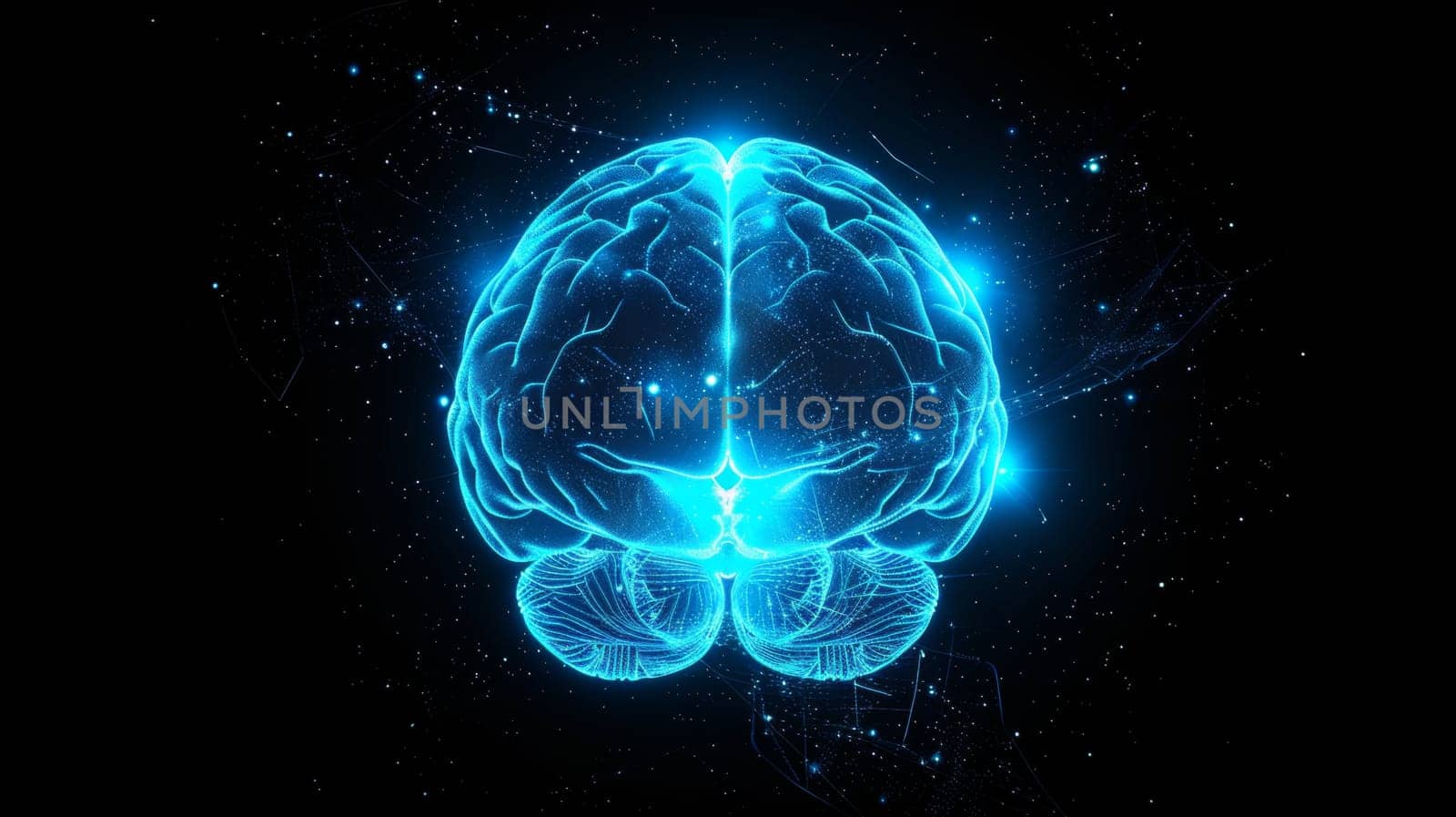 front view of digital glowing blue light brain human organ isolated on black background.