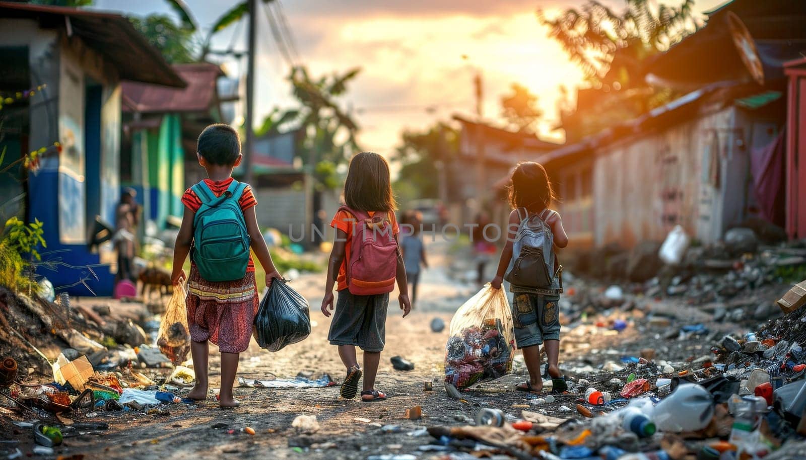 Three children carrying a trash bag walk down a street by AI generated image.