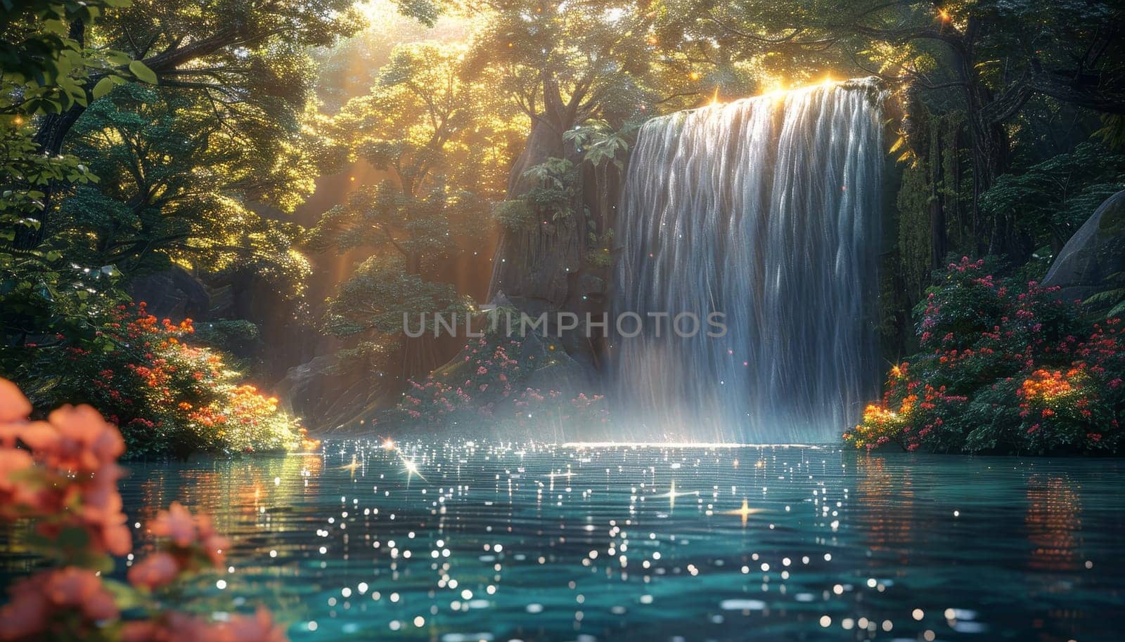 A beautiful waterfall is surrounded by lush green trees and a calm lake by AI generated image.