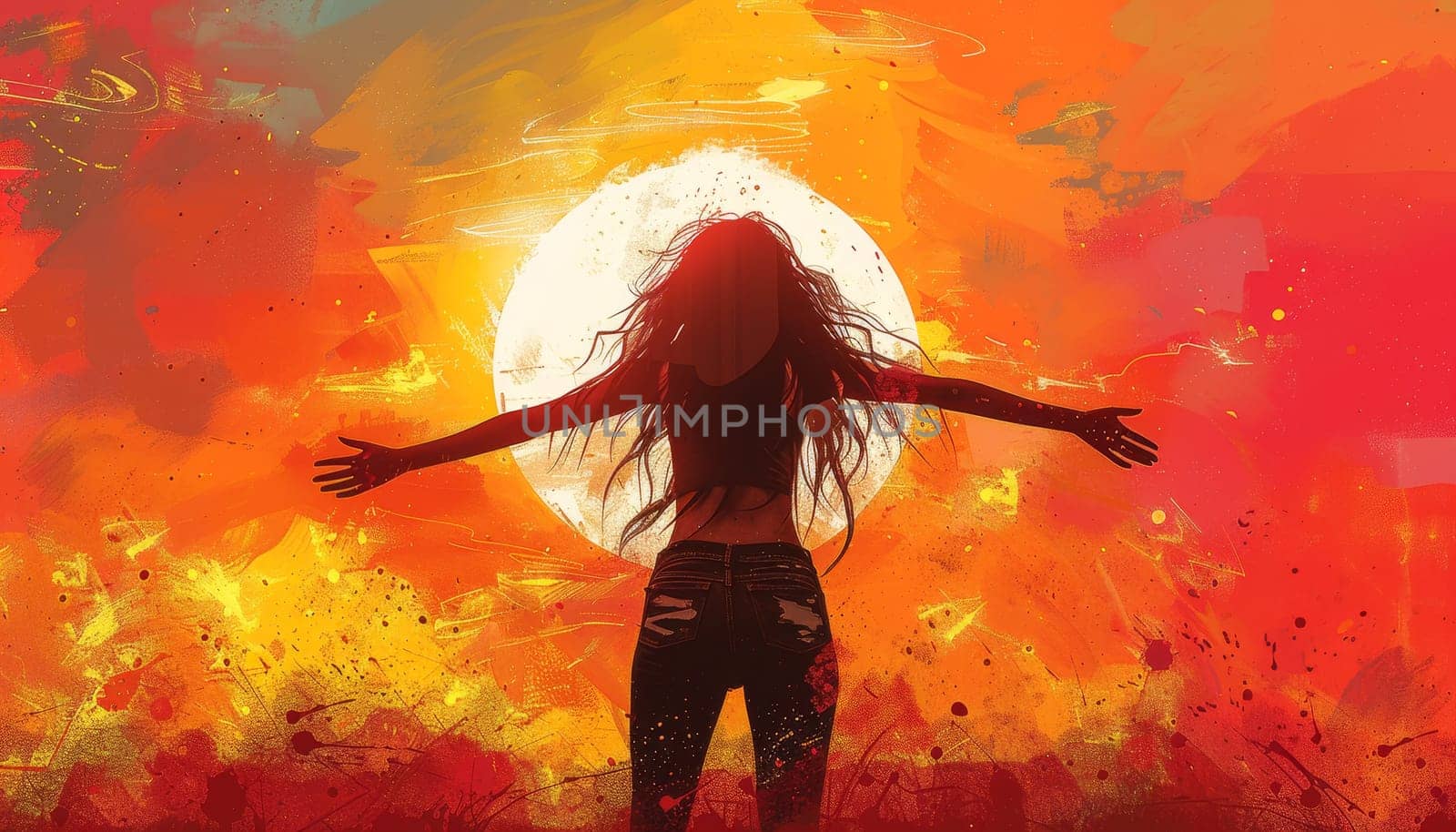 A woman is standing in front of a large red sun by AI generated image.