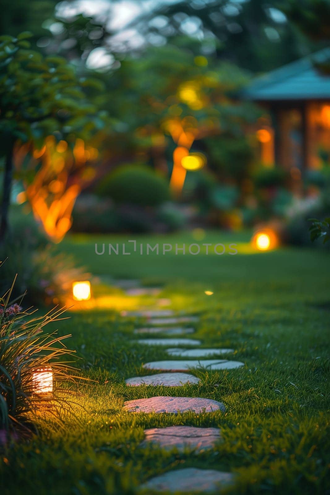 A path in a garden with lit candles on the ground.