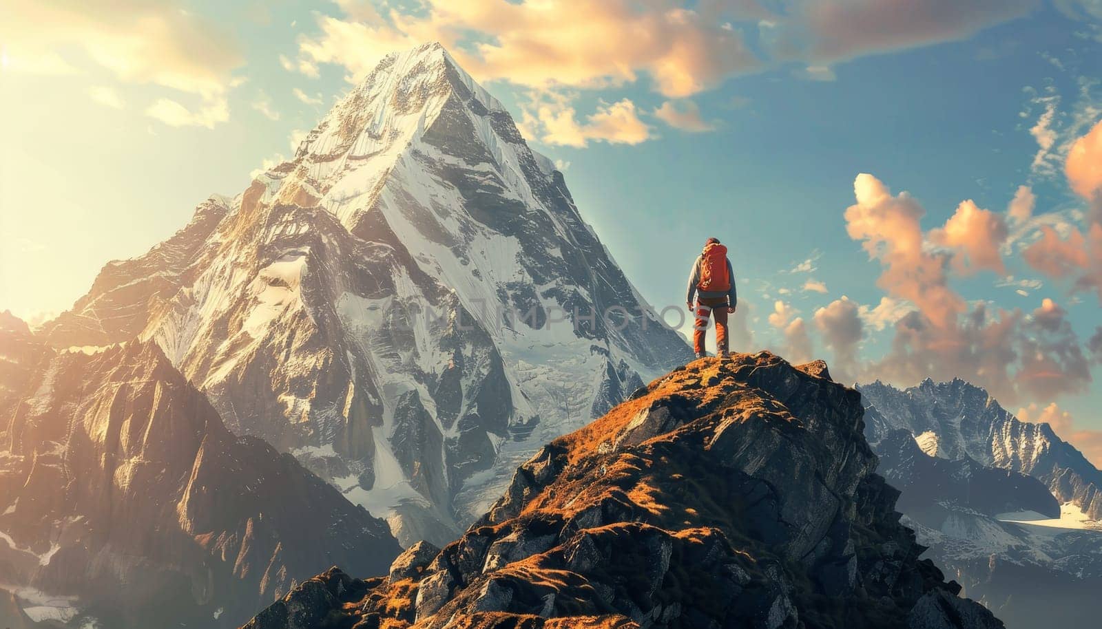A person is standing on a mountain top, looking out at the beautiful landscape by AI generated image.