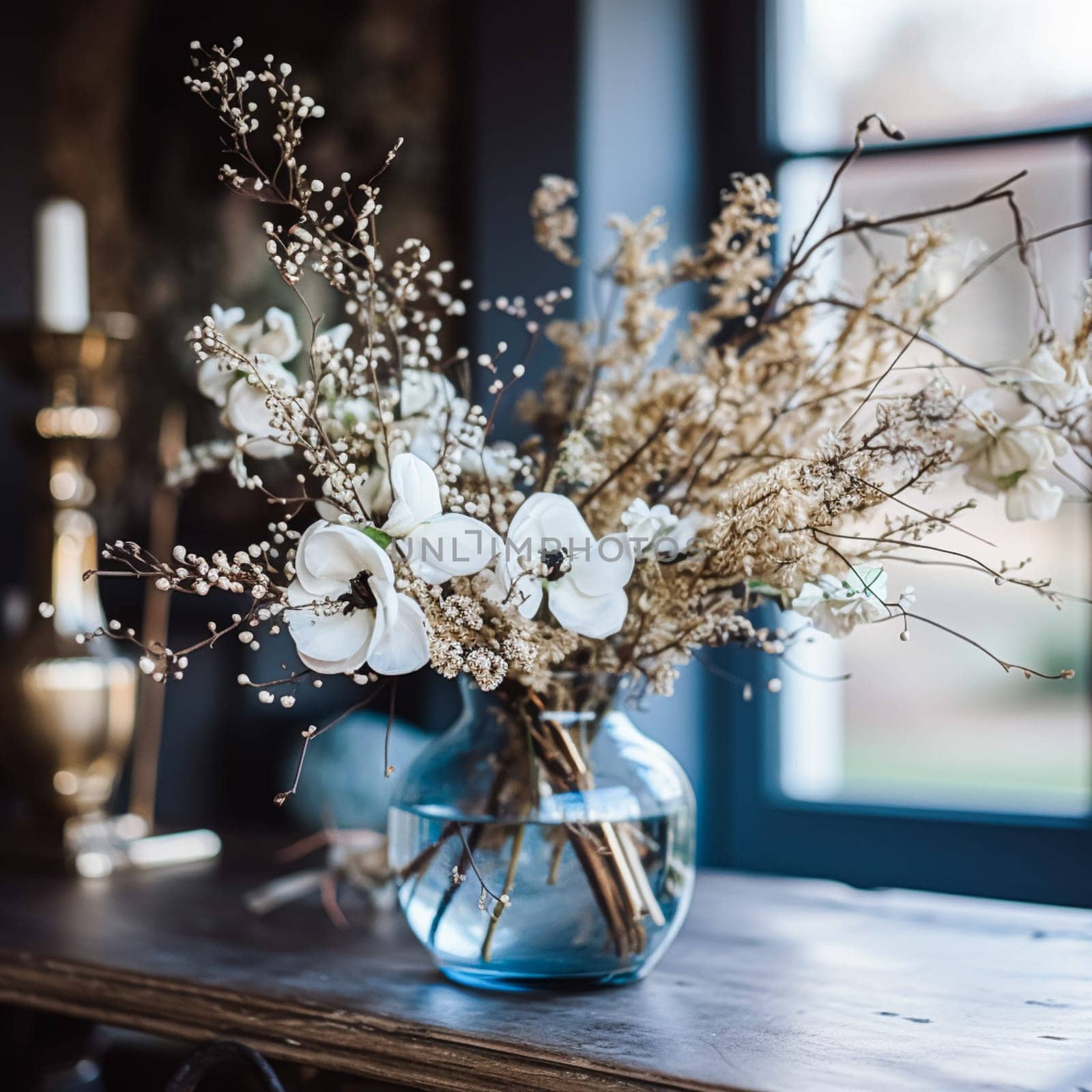 Floral arrangement with winter, autumn or early spring botanical plants and flowers by Anneleven