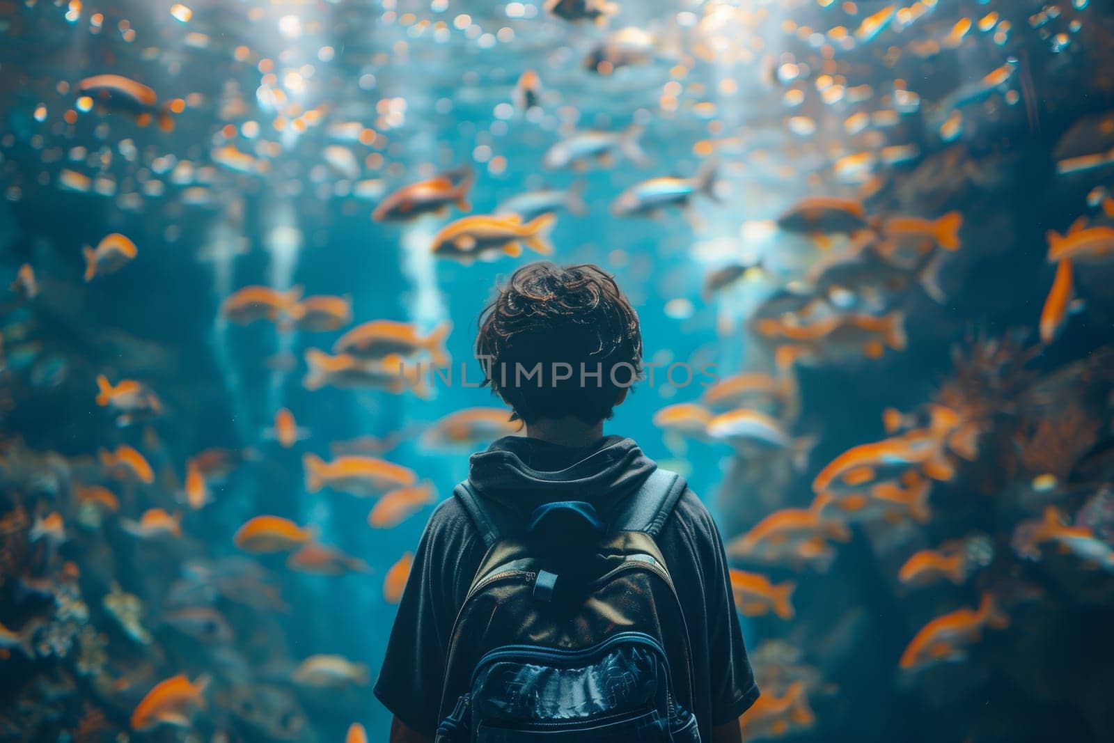 A young man stands in front of a large aquarium filled with fish. He is wearing a backpack and a black shirt