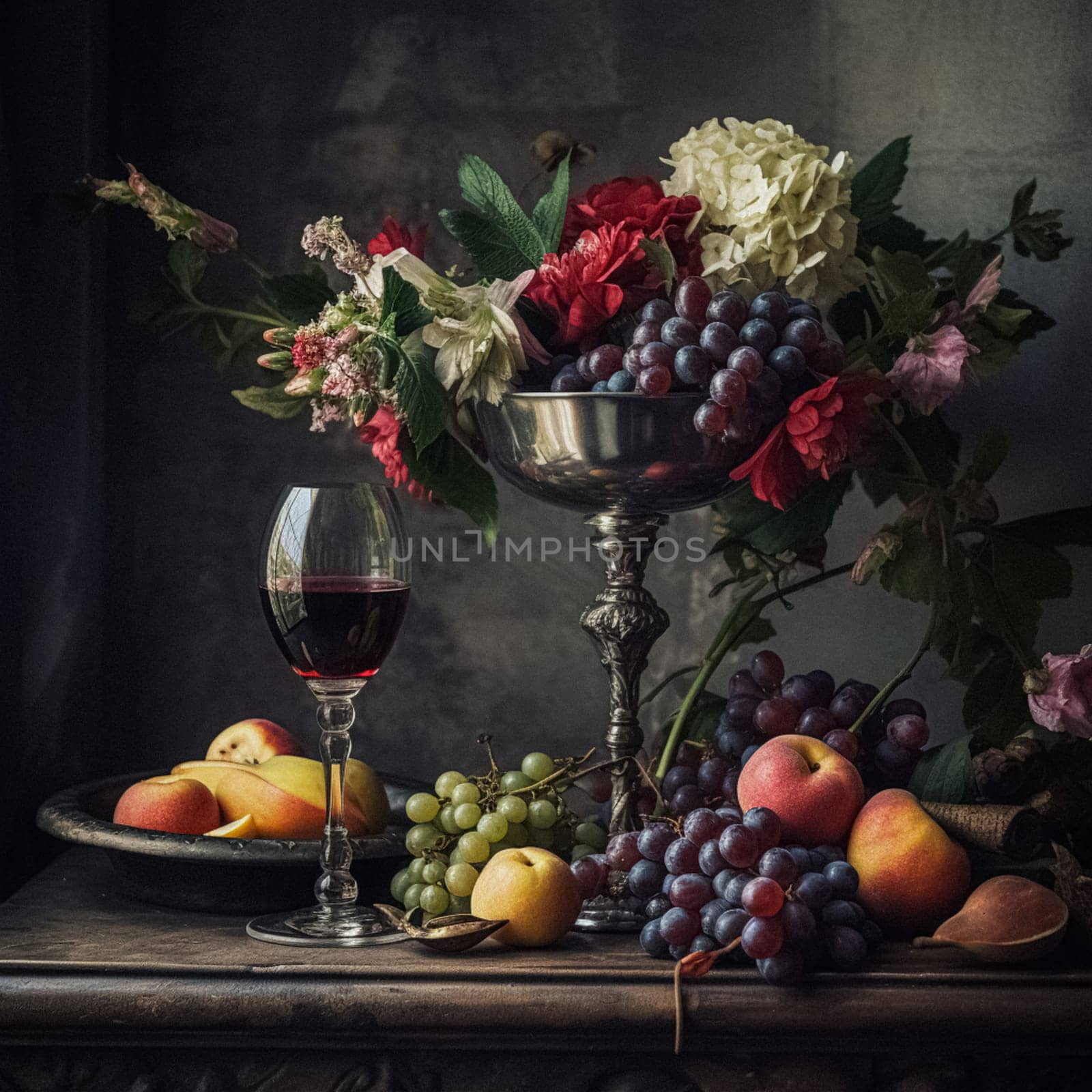 Classic still life composition with a rich arrangement of flowers and fresh fruits and a glass of wine, accented by lush, vintage floral elements