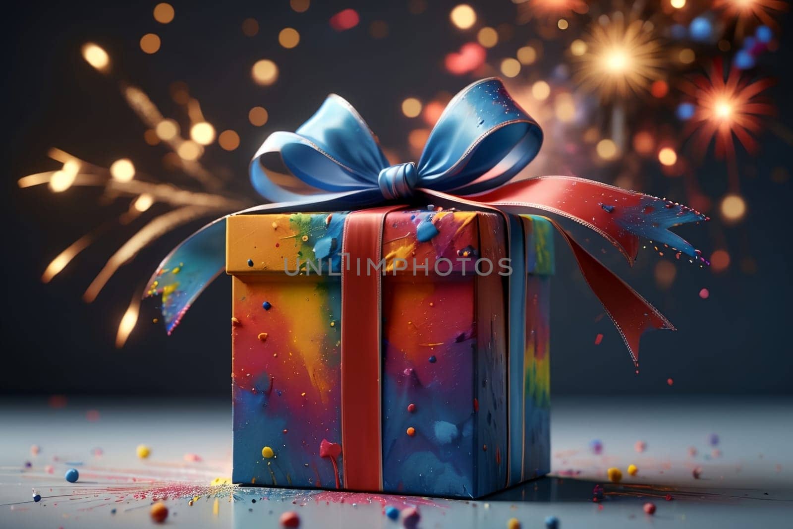 New Year gift box with bright ribbon, New Year card .