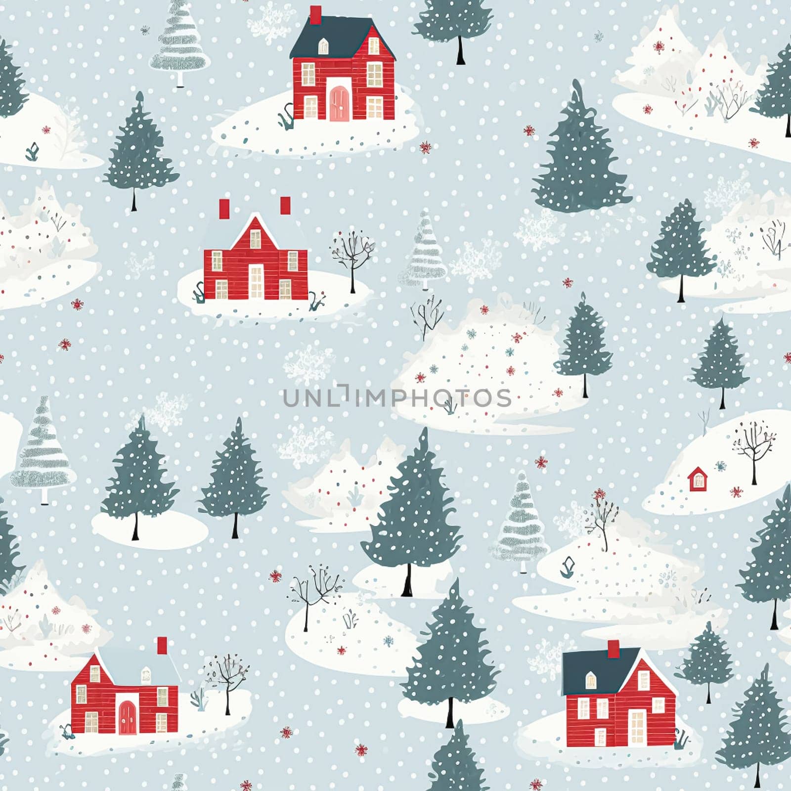 Seamless pattern, tileable winter country cottage print for wallpaper, Christmas wrapping paper, scrapbook, fabric and product design by Anneleven