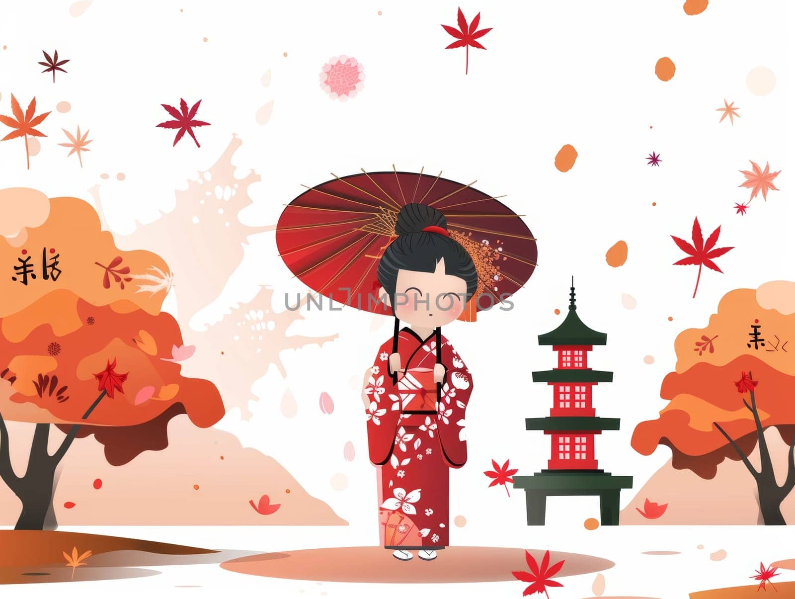 A serene geisha in a vibrant red kimono with delicate floral patterns stands amid a stunning autumnal landscape, holding a traditional paper paras