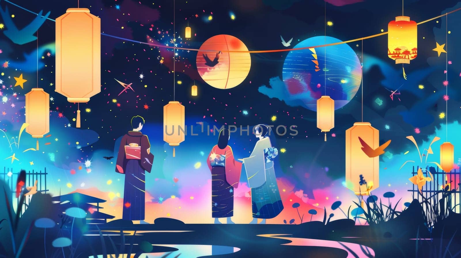 A vivid Tanabata night scene captured with colorful paper lanterns hanging amidst bamboo leaves, sparkling against a starry background in a festive display