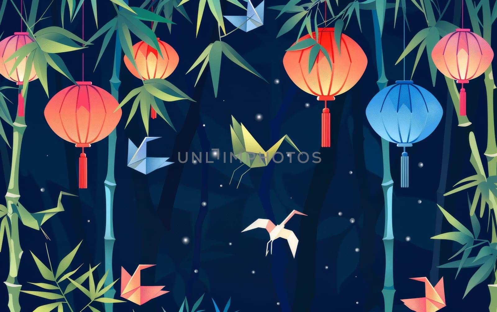 A serene illustration with oriental lanterns glowing among bamboo shoots and floating origami birds, under a starry night sky