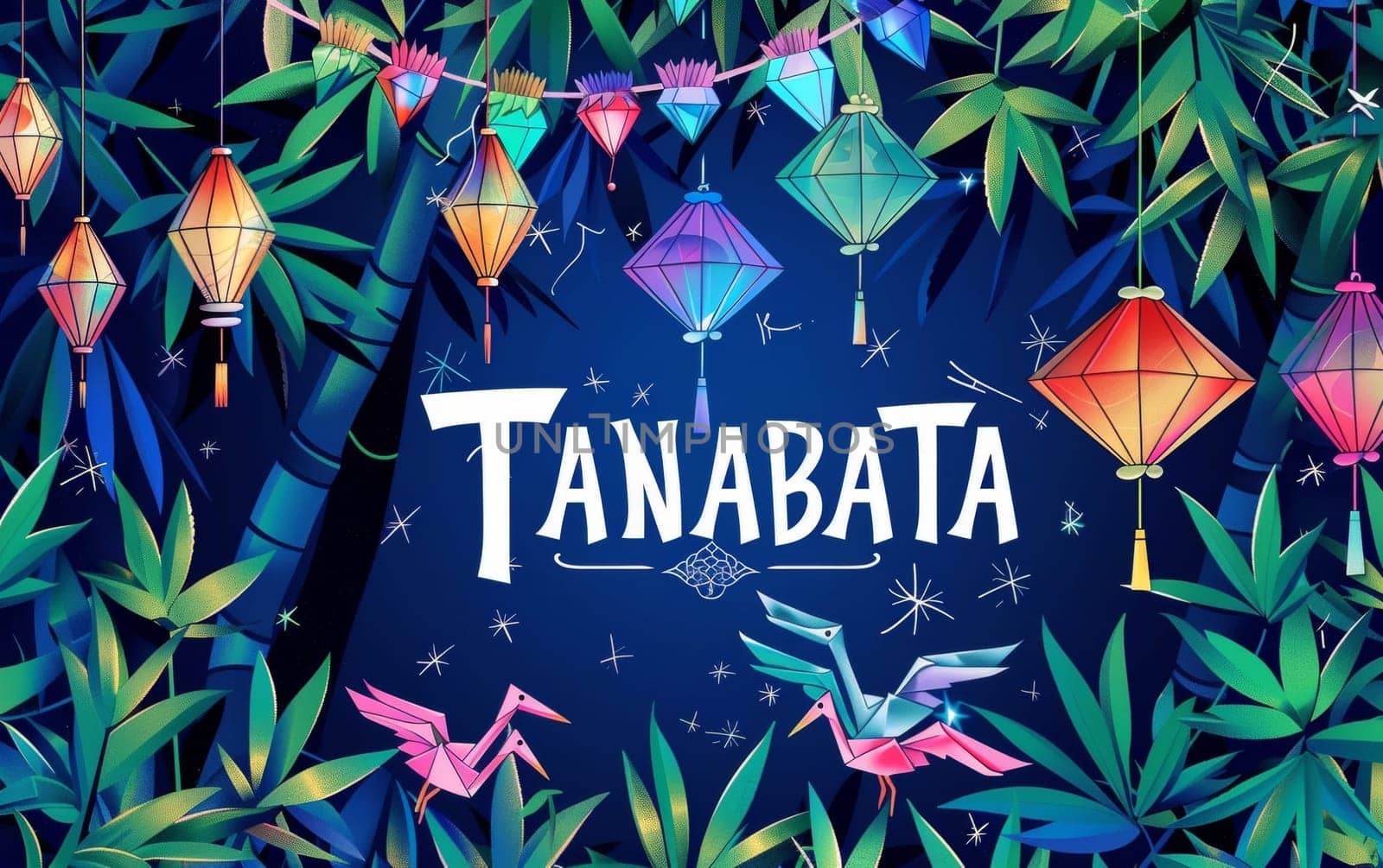 Vibrant Tanabata festival graphic with colorful paper lanterns, origami cranes, and bamboo on a star-filled night sky backdrop