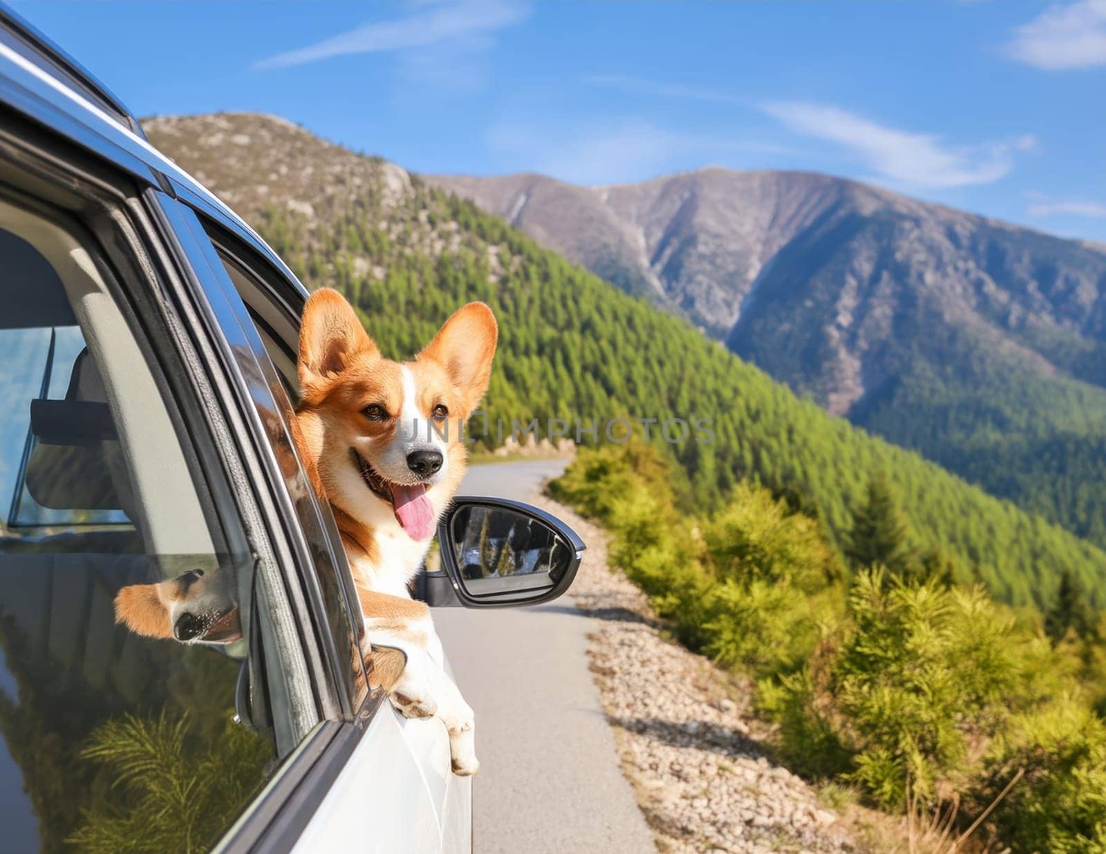 Sunny summer day on an empty mountain road. A happy corgi dog leans out of the window of a white car. AI generated