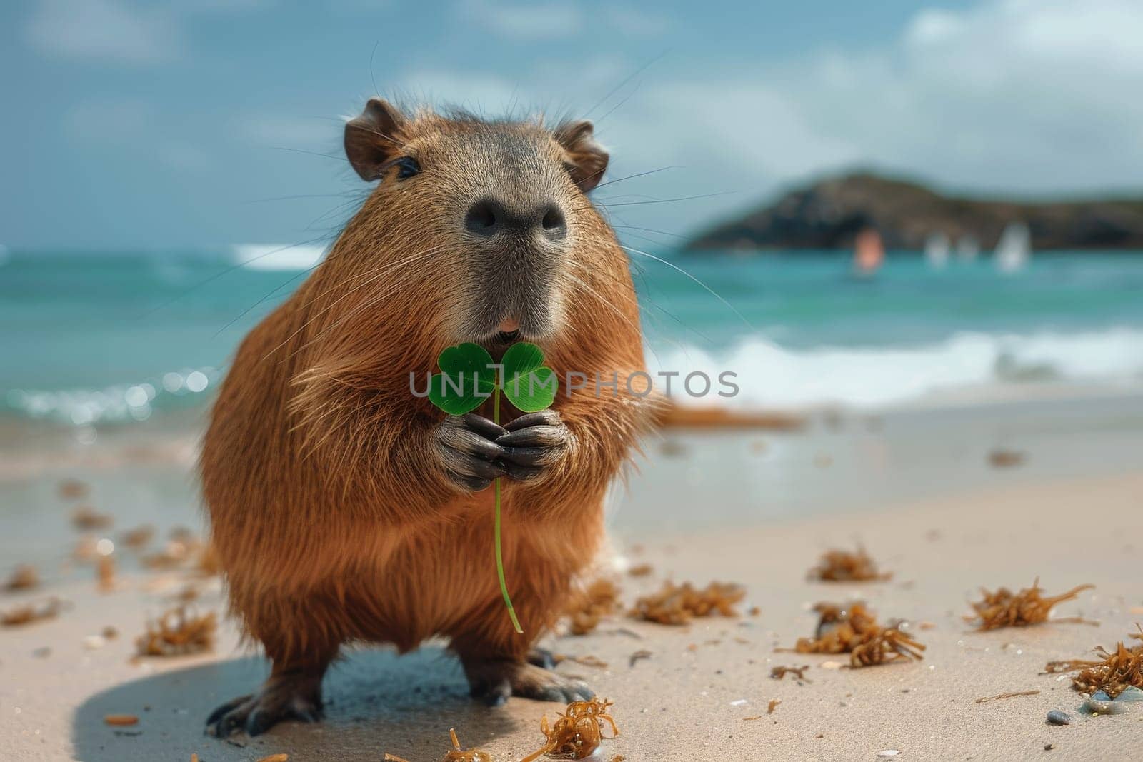 A brown capybara is holding a clover in its mouth on a beach. The scene is peaceful and serene, with the ocean in the background
