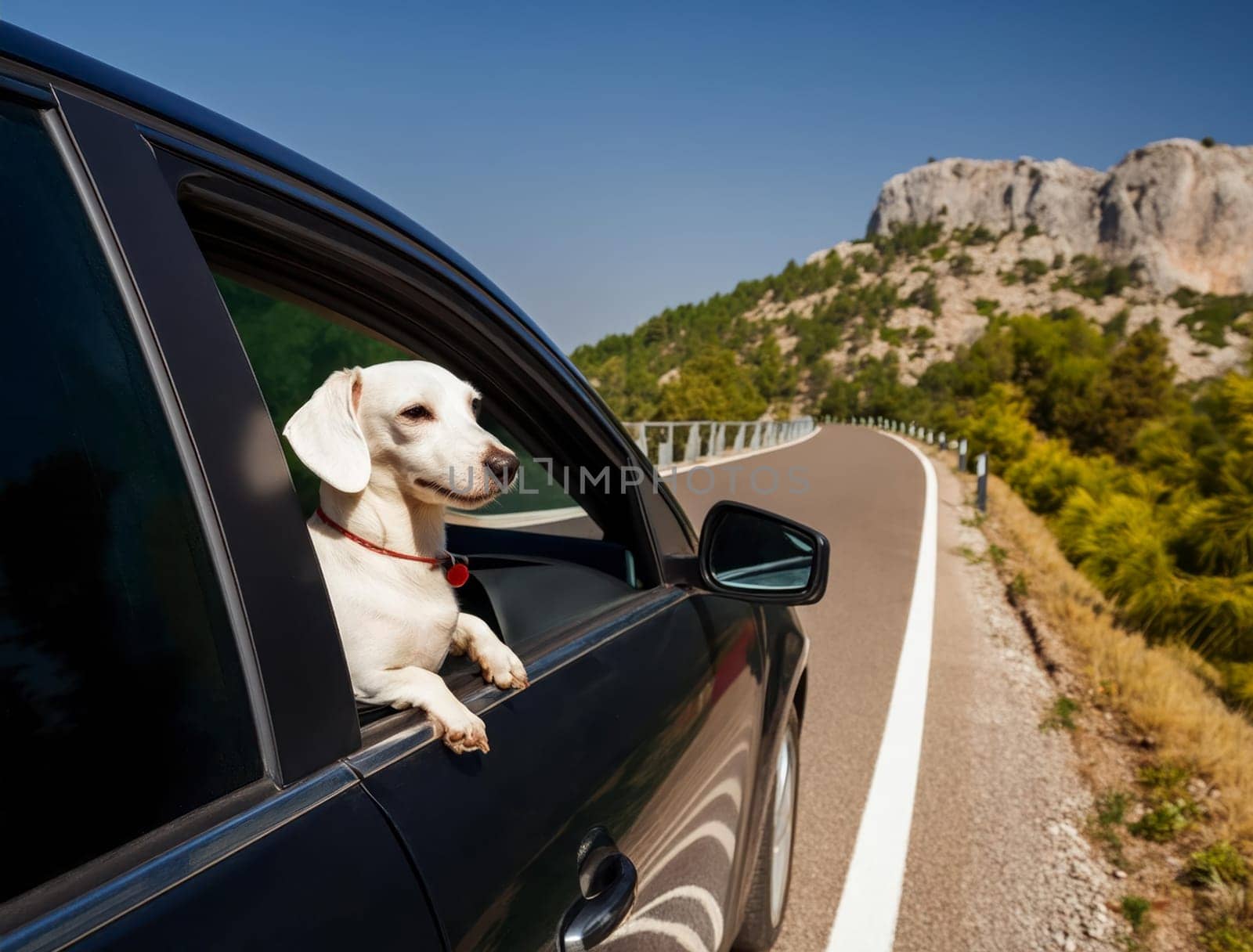 Sunny summer day on an empty mountain road. A happy dachshund dog leans out of the window of a black car. AI generated