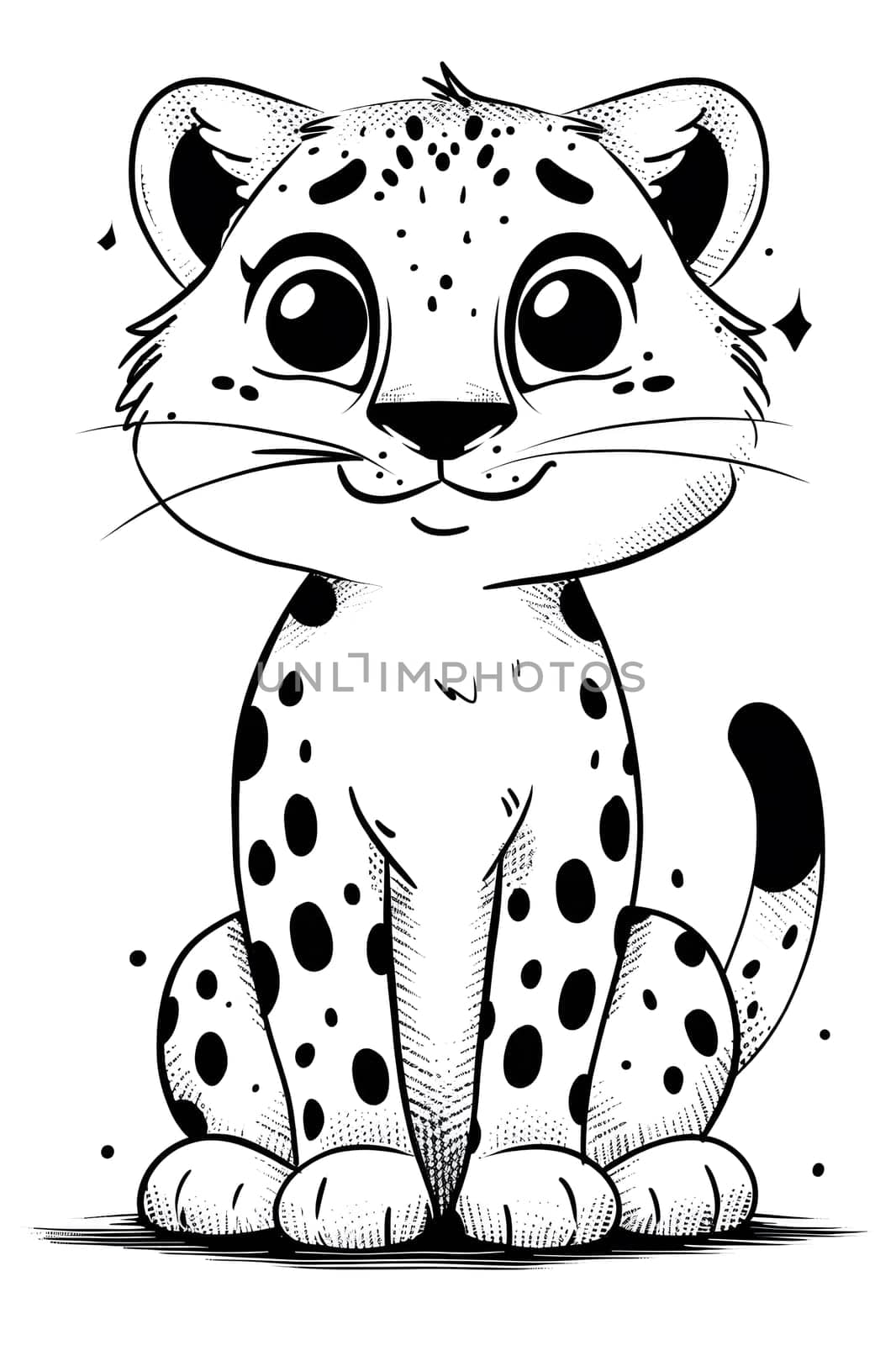 A cartoon drawing of a small Felidae organism, a cheetah cub, sitting down. The black and white image highlights its whiskers, nose, eye and head, showcasing this carnivores beauty