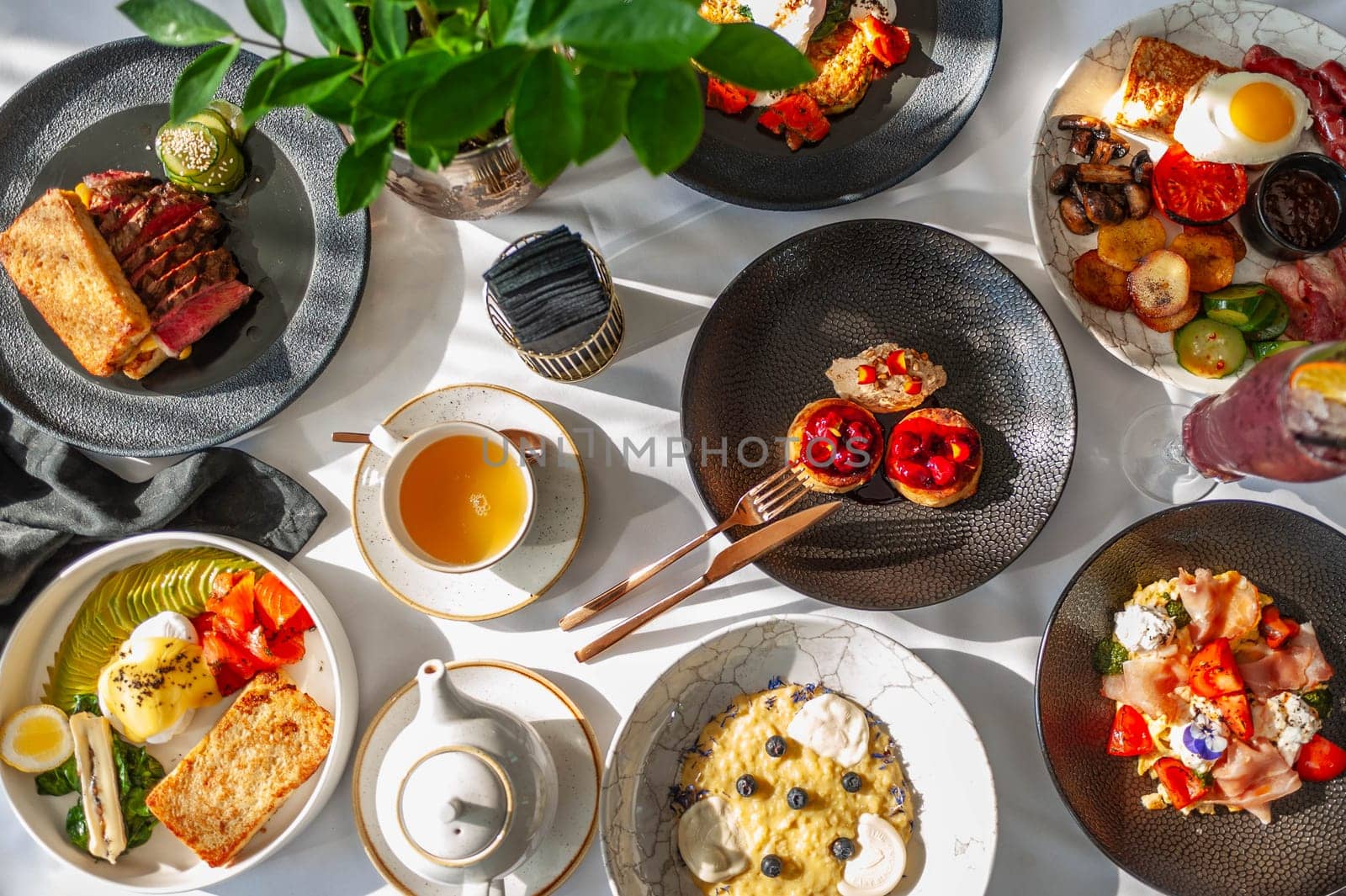Breakfast: set of dishes. Top view. High quality photo