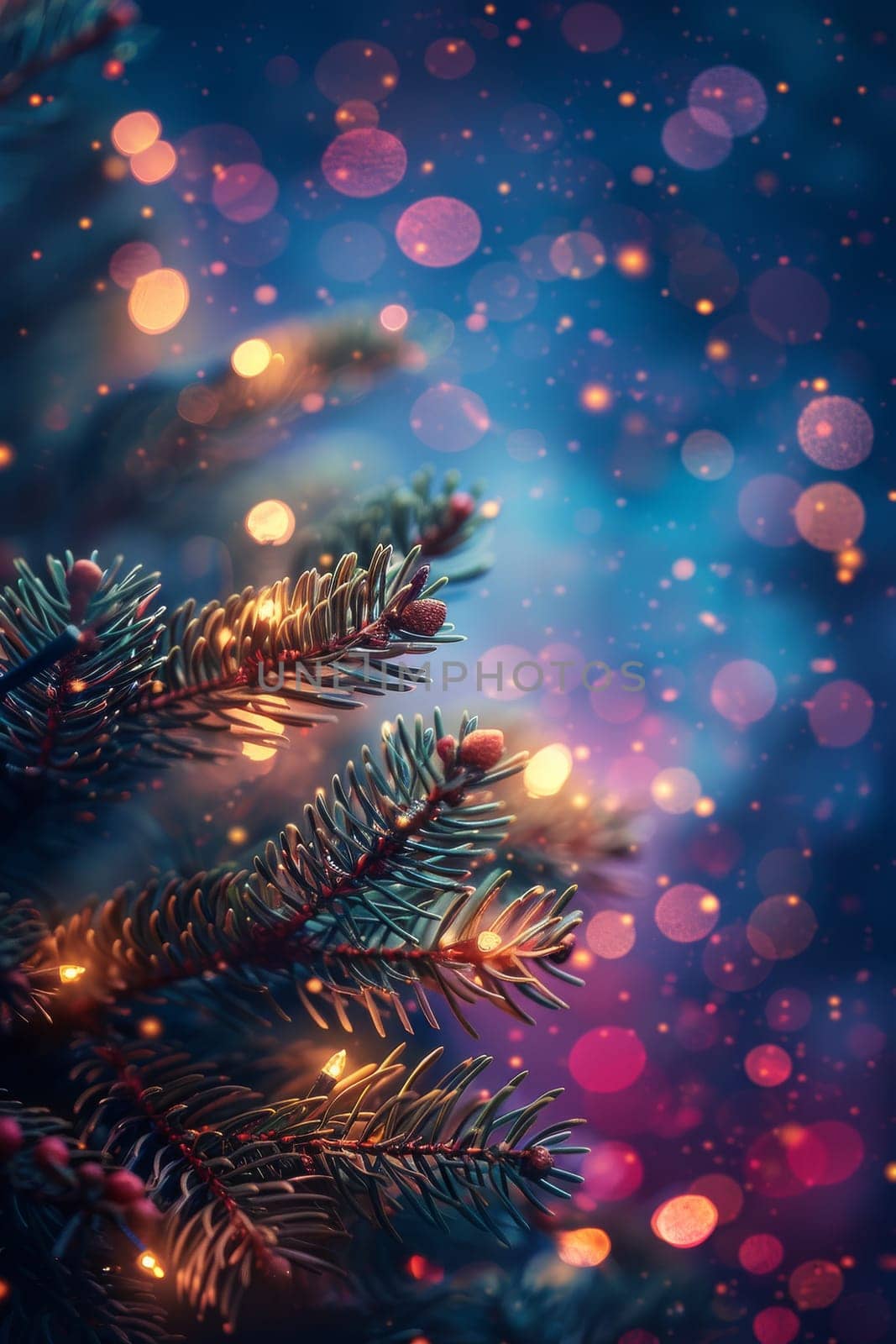 A tree with lights on it and a blurry background. The tree is lit up and the background is blurry, giving the image a dreamy and ethereal feel