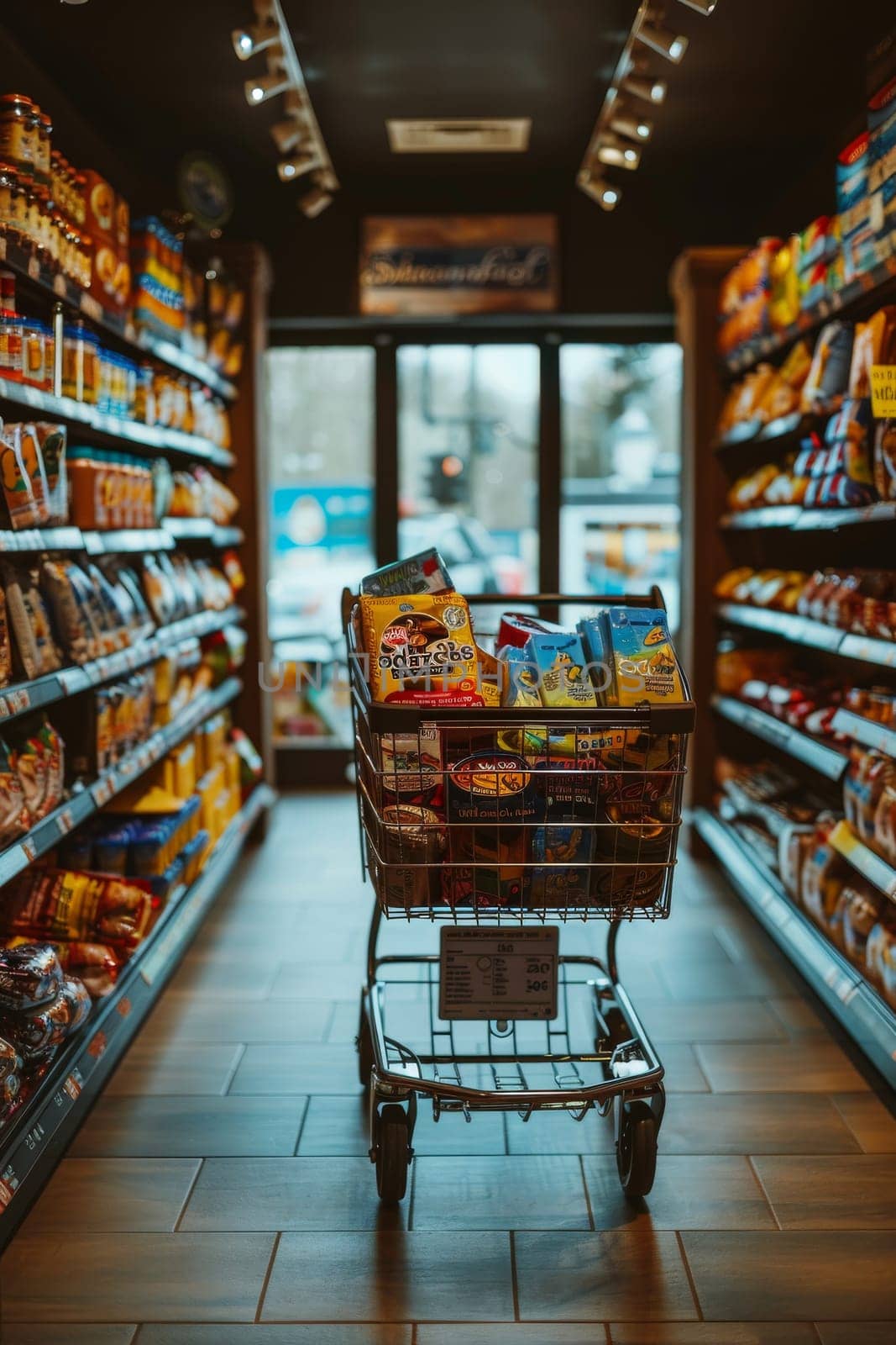 A shopping cart full of snacks is in a store aisle.